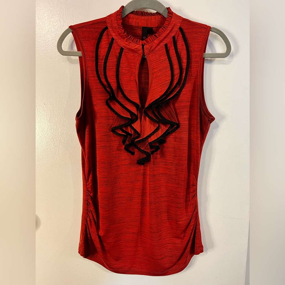 Deep Heather Orange Peek-a-Boo Neckline Sleeveless Top with Black Ruffle Accents